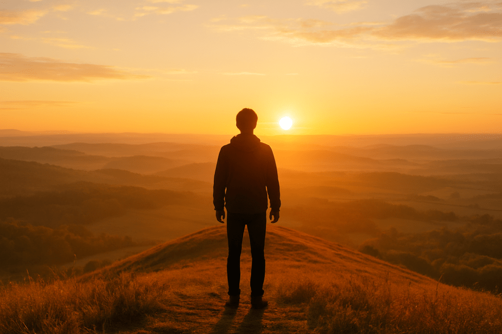 Persona contemplando un nuevo amanecer desde la cima de una colina, simbolizando el éxito sostenible y el crecimiento personal logrado a través de la transformación de hábitos.