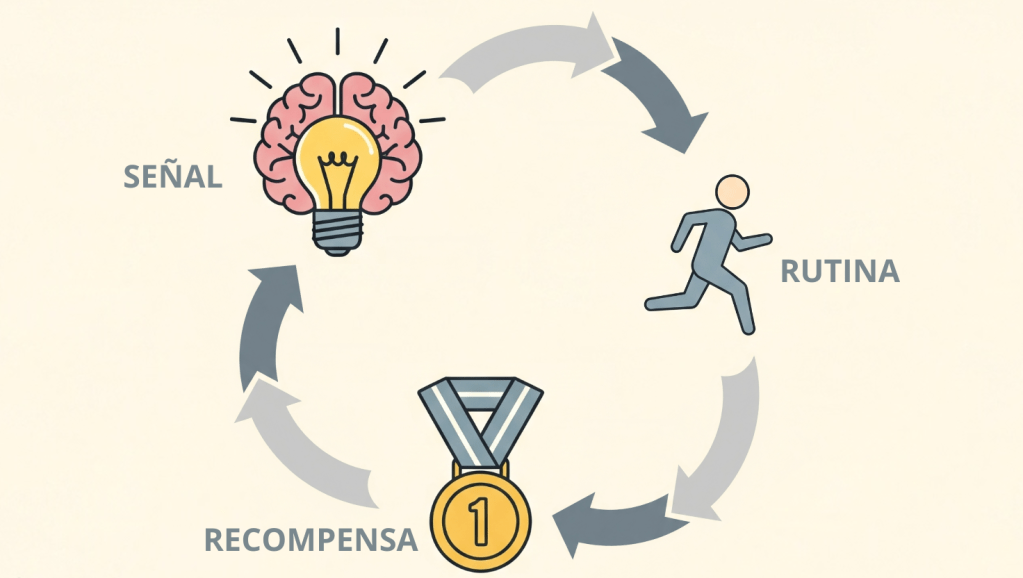 Diagrama del ciclo del hábito que muestra las tres fases: Señal, Rutina y Recompensa, el motor detrás de las acciones automáticas.