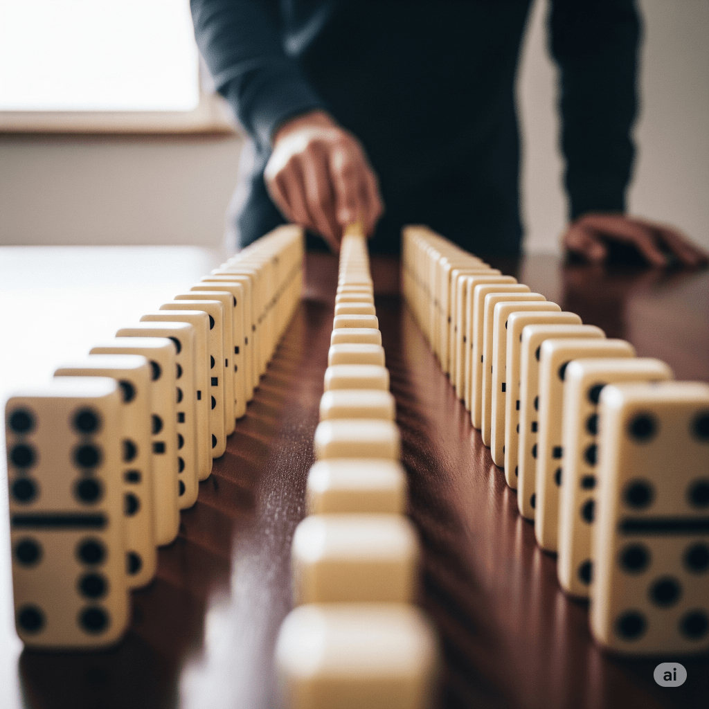 Hombre a punto de tirar una pieza de dominó el cual tirará a otras ya que están en hilera pegadas unas a otras