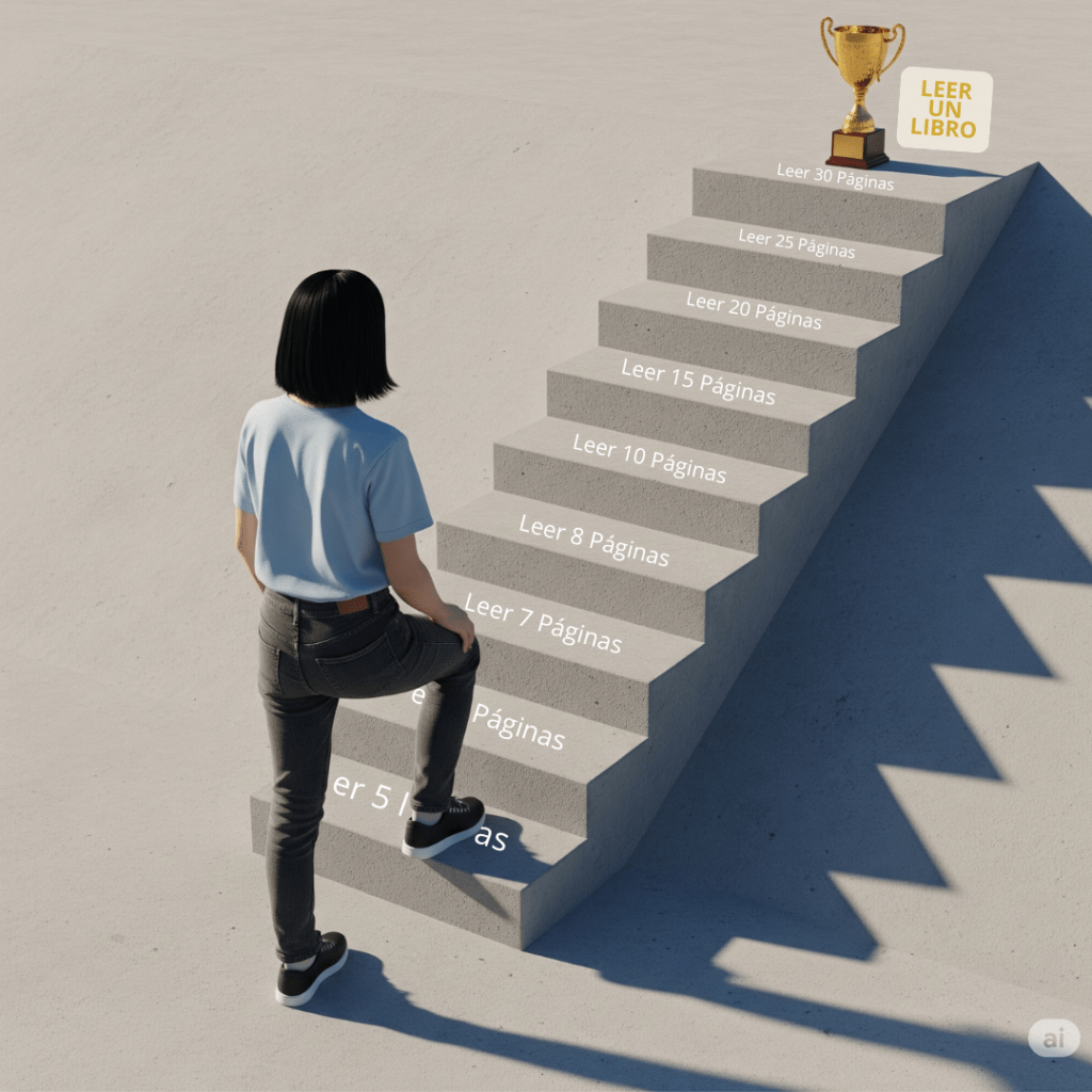 Persona subiendo unas escaleras donde cada escalón es una meta y en la cima hay un trofeo