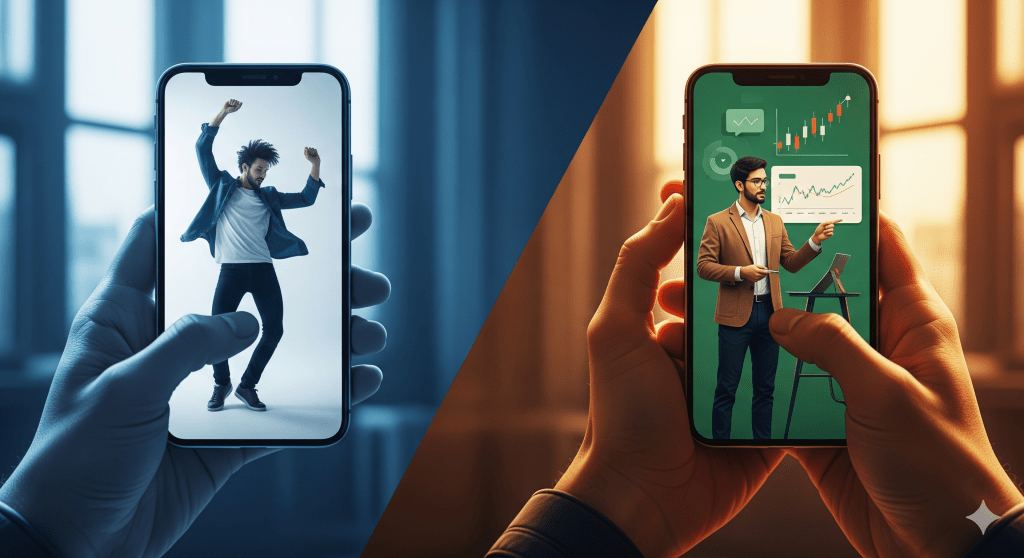 Pantalla dividida. A la izquierda un celular con una imagen de persona bailando. Del lado derecho, una persona enseñando finanzas, estrategias y crecimiento personal.