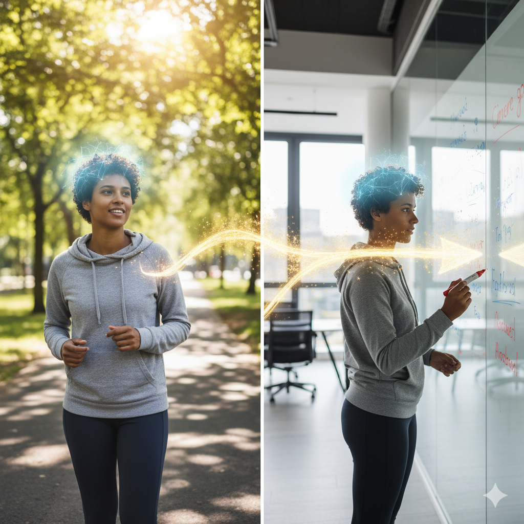 Imagen dividida. En la parte izquierda una persona trotando por el parque y en la parte derecha la misma persona en su oficina escribiendo en el pizarrón