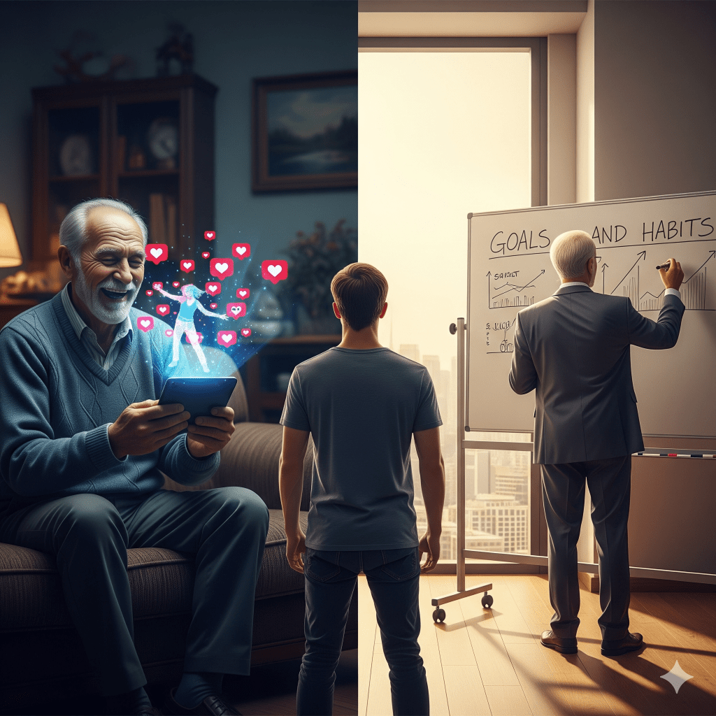 Un joven frente una línea que divide la imagen. A la izquierda un anciano que esta viendo redes sociales sentado en su sofá, y del lado derecho el mismo anciano pero en traje y escribiendo sus metas y hábitos en un pizarrón blanco.
