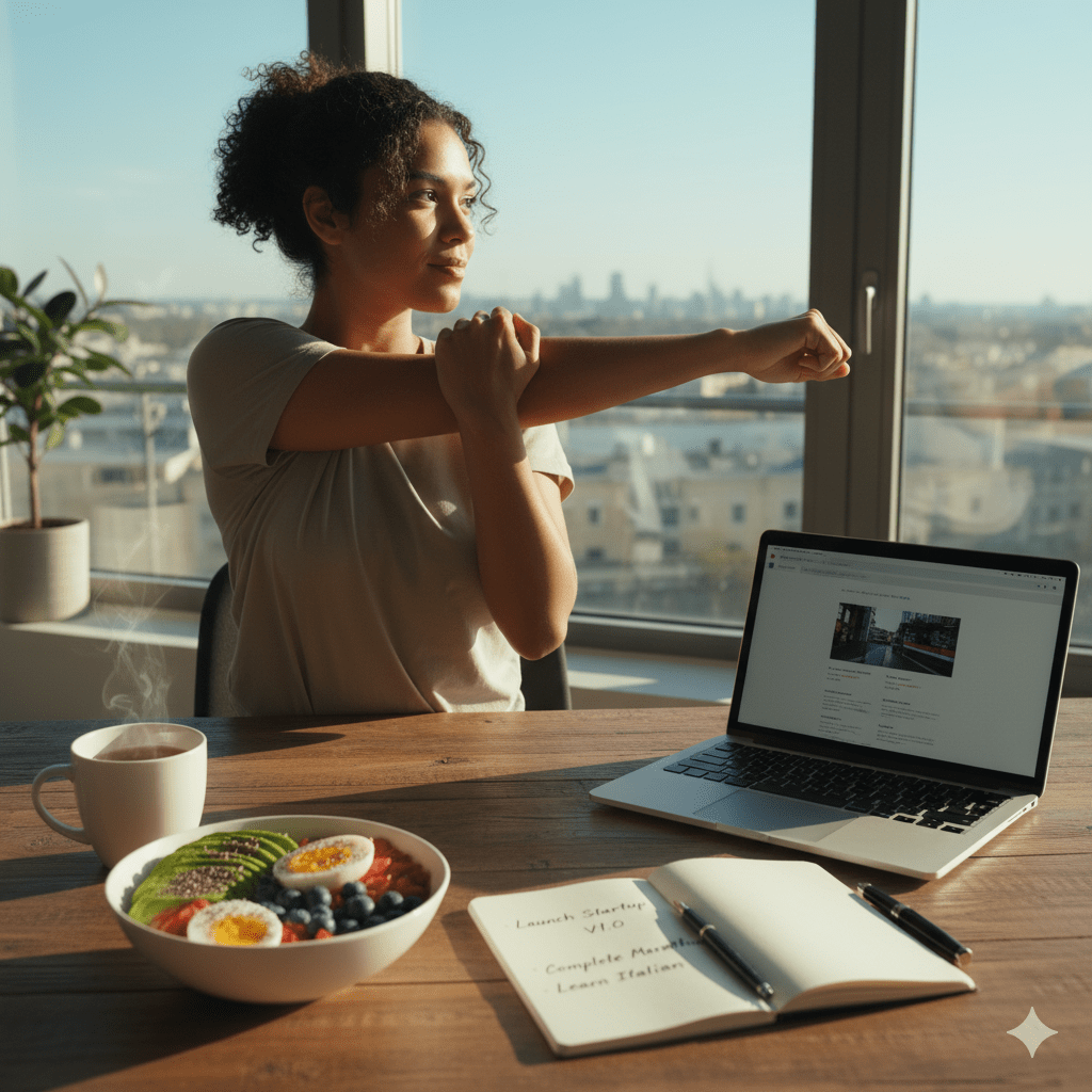 Una persona haciendo estiramientos sentada en su escritorio, en el se encuentra un plato de alimentos saludables, una libreta en señal de productividad y una computadora.