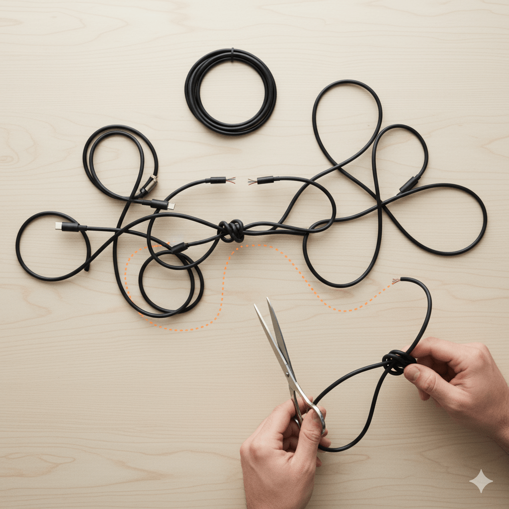 Cables enrollados y unas manos con tijeras cortando alguno de esos cables creyendo que así los desenrollaría.