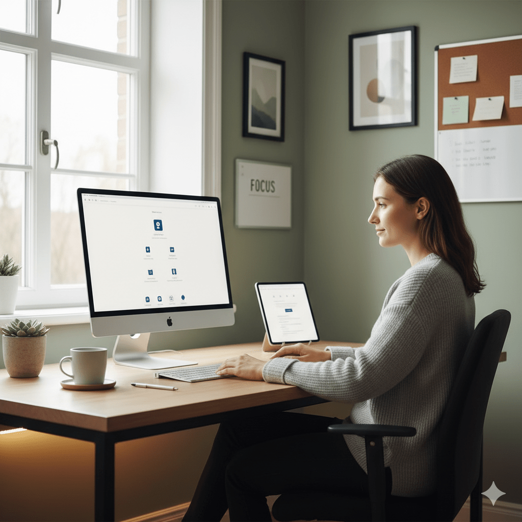 Mujer en una habitación sentada frente a su escritorio bien organizado y limpio sinónimo de productividad y minimalismo.