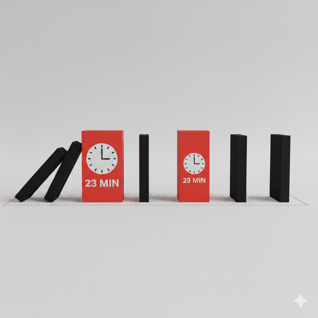 Fila de fichas de dominó donde las primeras dos piezas caen, empujando a una tercer, pero esta es de color diferente y dice 23 minutos y no se mueve. Las demás fichas no se caen