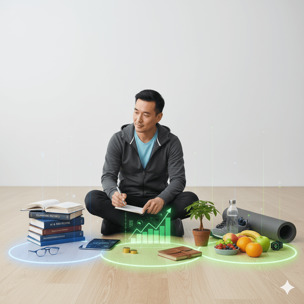 Hombre sentado con libros, comida saludable y una libreta tomando notas.